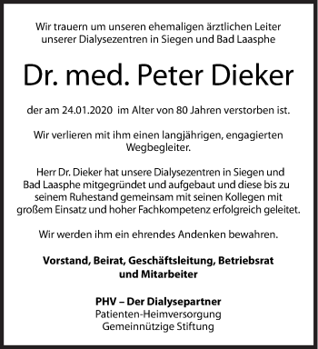 Traueranzeige von Peter Dieker von Siegener Zeitung