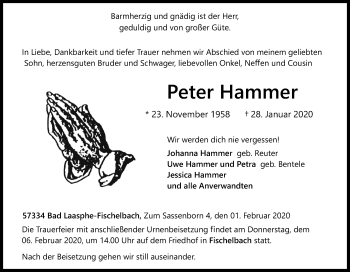 Traueranzeige von Peter Hammer von Siegener Zeitung