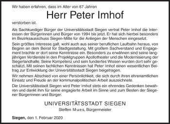 Traueranzeige von Peter Imhof von Siegener Zeitung