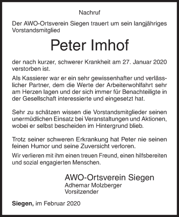 Traueranzeige von Peter Imhof von Siegener Zeitung