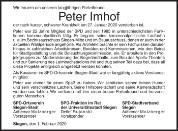 Traueranzeige von Peter Imhof von Siegener Zeitung
