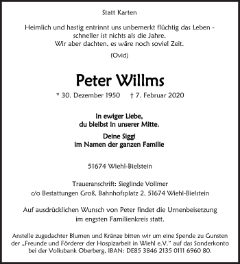 Traueranzeige von Peter Willms von Siegener Zeitung