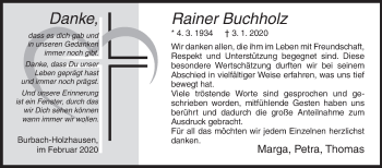 Traueranzeige von Rainer Buchholz von Siegener Zeitung