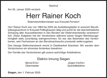 Traueranzeige von Rainer Koch von Siegener Zeitung
