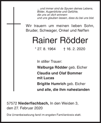 Traueranzeige von Rainer Rödder von Siegener Zeitung