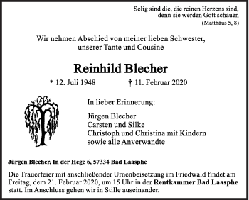 Traueranzeige von Reinhild Blecher von Siegener Zeitung