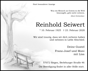 Traueranzeige von Reinhold Seiwert von Siegener Zeitung