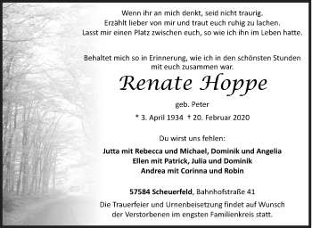 Traueranzeige von Renate Hoppe von Siegener Zeitung