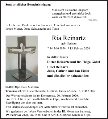 Traueranzeige von Ria Reinartz von Siegener Zeitung
