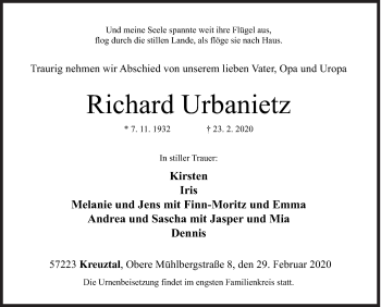 Traueranzeige von Richard Urbanietz von Siegener Zeitung