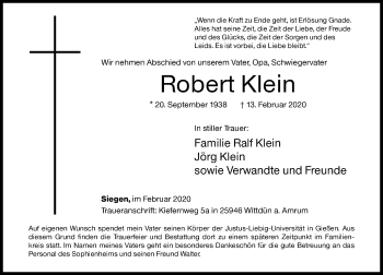Traueranzeige von Robert Klein von Siegener Zeitung
