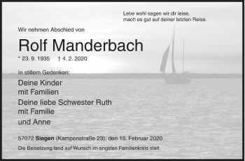 Traueranzeige von Rolf Manderbach von Siegener Zeitung