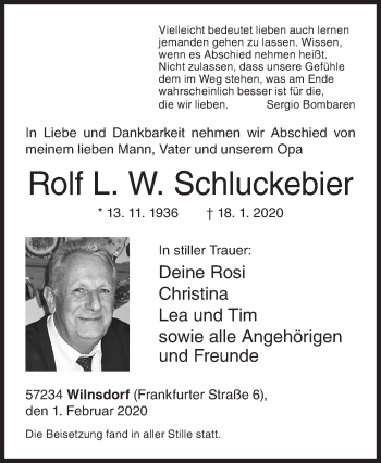 Traueranzeige von Rolf L. W. Schluckebier von Siegener Zeitung