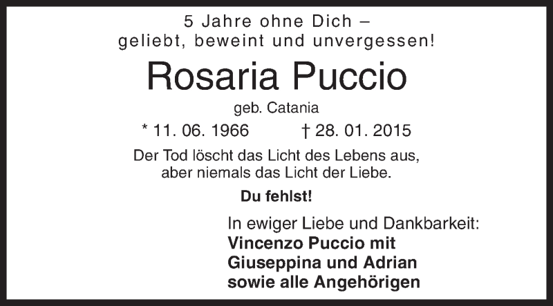 Traueranzeige für Rosaria Puccio vom 01.02.2020 aus Siegener Zeitung