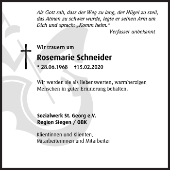 Traueranzeige von Rosemarie Schneider von Siegener Zeitung