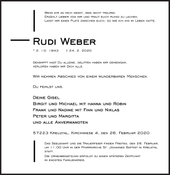 Traueranzeige von Rudi Weber von Siegener Zeitung