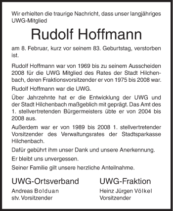 Traueranzeige von Rudolf Hoffmann von Siegener Zeitung
