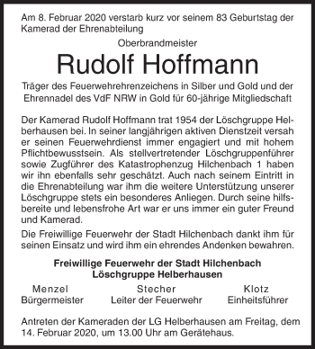Traueranzeige von Rudolf Hoffmann von Siegener Zeitung