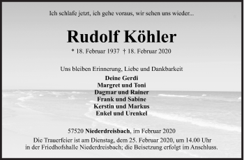 Traueranzeige von Rudolf Köhler von Siegener Zeitung