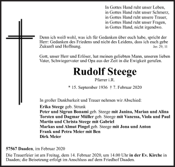 Traueranzeige von Rudolf Steege von Siegener Zeitung