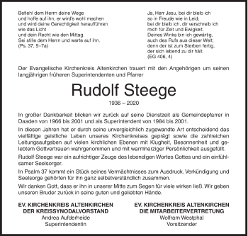 Traueranzeige von Rudolf Steege von Siegener Zeitung