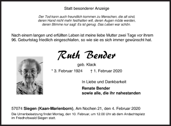 Traueranzeige von Ruth Bender von Siegener Zeitung