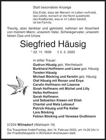 Traueranzeige von Siegfried Häusig von Siegener Zeitung