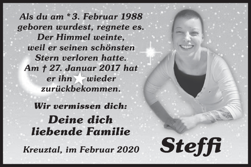  Traueranzeige für Stephanie (Steffi)  Klaes vom 01.02.2020 aus Siegener Zeitung