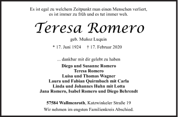 Traueranzeige von Teresa Romero von Siegener Zeitung