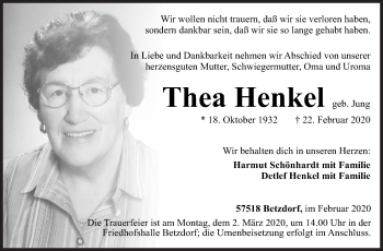 Traueranzeige von Thea Henkel von Siegener Zeitung