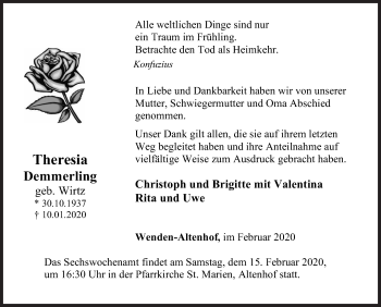 Traueranzeige von Theresia Demmerling von Siegener Zeitung