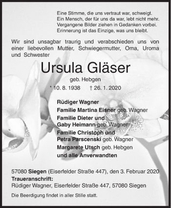 Traueranzeige von Ursula Gläser von Siegener Zeitung
