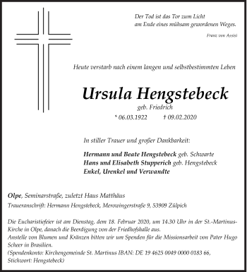 Traueranzeige von Ursula Hengstebeck von Siegener Zeitung