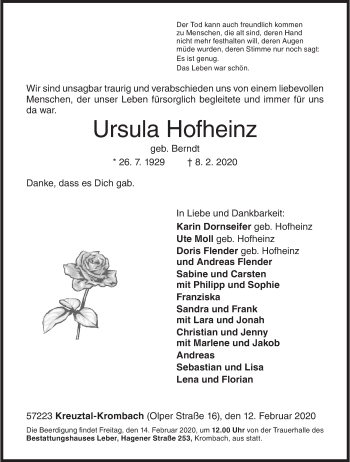 Traueranzeige von Ursula Hofheinz von Siegener Zeitung