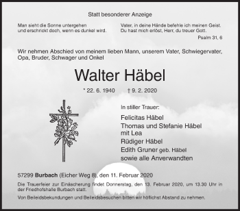 Traueranzeige von Walter Häbel von Siegener Zeitung