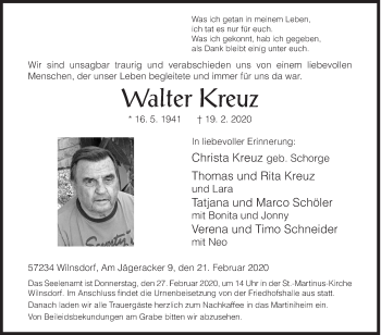 Traueranzeige von Walter Kreuz von Siegener Zeitung