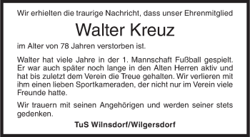 Traueranzeige von Walter Kreuz von Siegener Zeitung