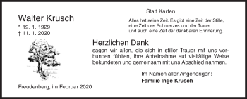 Traueranzeige von Walter Krusch von Siegener Zeitung