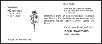 Traueranzeige von Werner Hövelmann von Siegener Zeitung