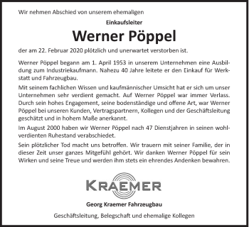 Traueranzeige von Werner Pöppel von Siegener Zeitung