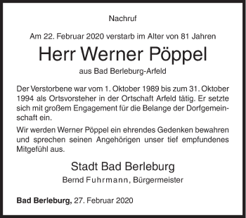 Traueranzeige von Werner Pöppel von Siegener Zeitung