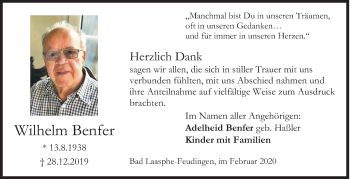 Traueranzeige von Wilhelm Benfer von Siegener Zeitung