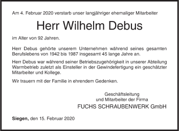 Traueranzeige von Wilhelm Debus von Siegener Zeitung