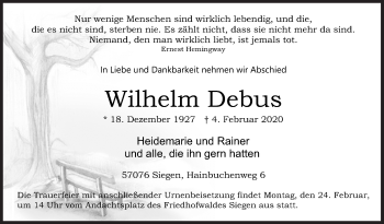 Traueranzeige von Wilhelm Debus von Siegener Zeitung