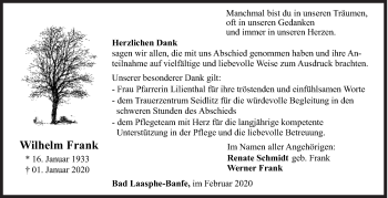 Traueranzeige von Wilhelm Frank von Siegener Zeitung
