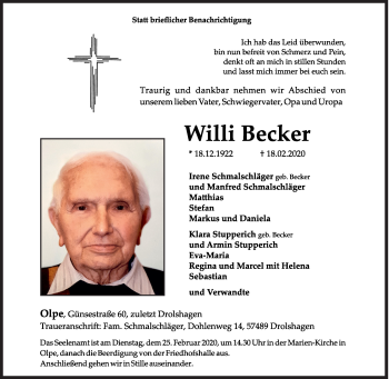 Traueranzeige von Willi Becker von Siegener Zeitung