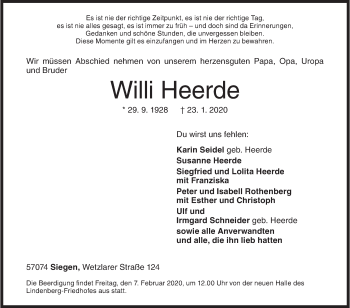 Traueranzeige von Willi Heerde von Siegener Zeitung