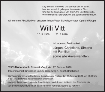 Traueranzeige von Willi Vitt von Siegener Zeitung