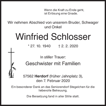 Traueranzeige von Winfried Schlosser von Siegener Zeitung