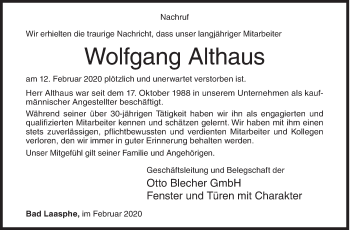 Traueranzeige von Wolfgang Althaus von Siegener Zeitung